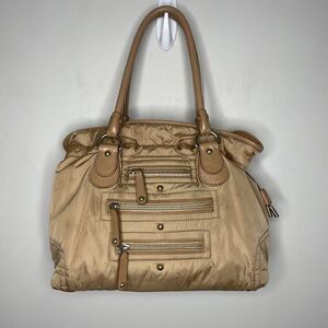 TODS Shoulder Bag Brown Nylon Leather Trimmed 3 Exterior Zip Pockets Tote